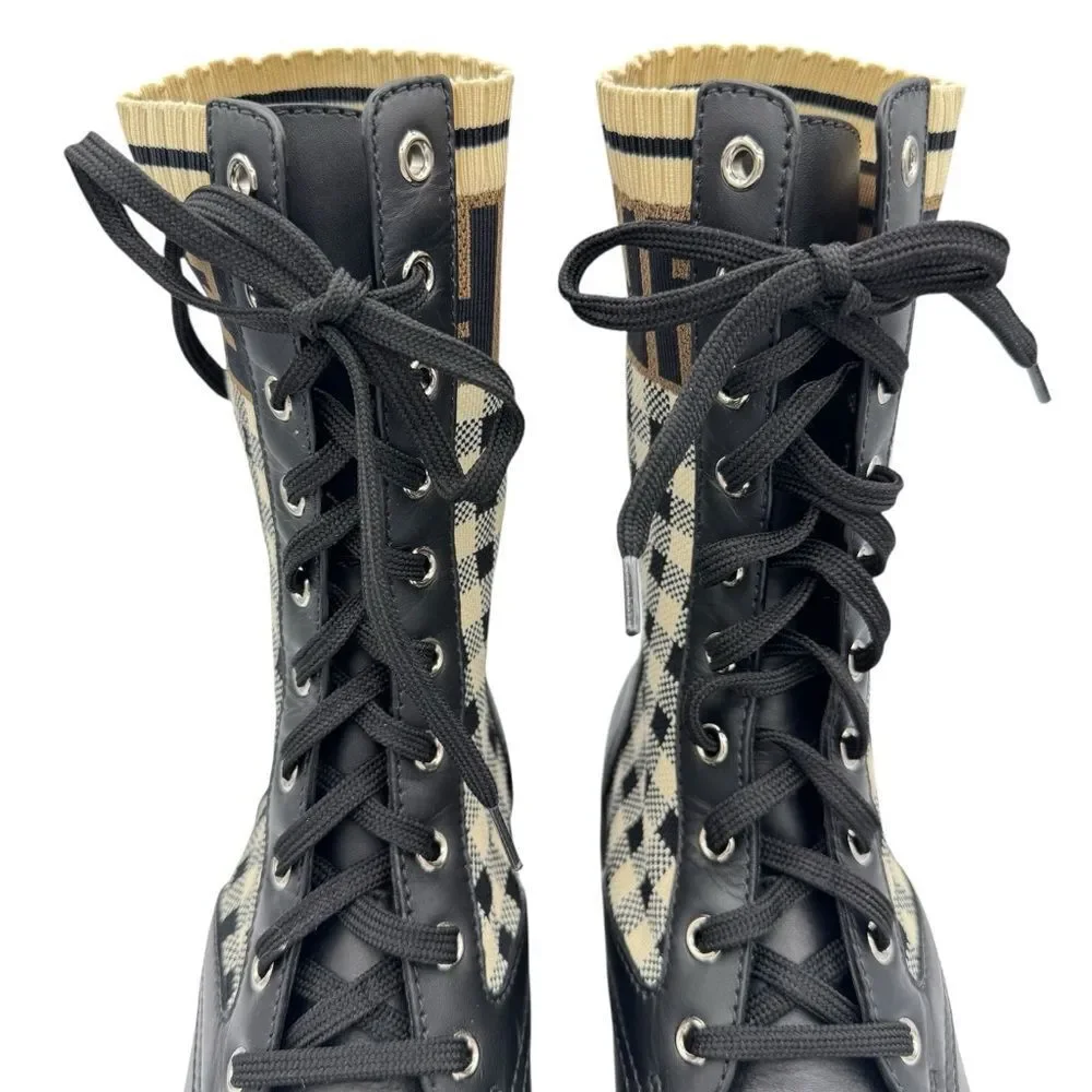 Fendi Rockoko Knit Leather Logo Biker Vitello Combat Boots Size 8.5 - Picture 4 of 12